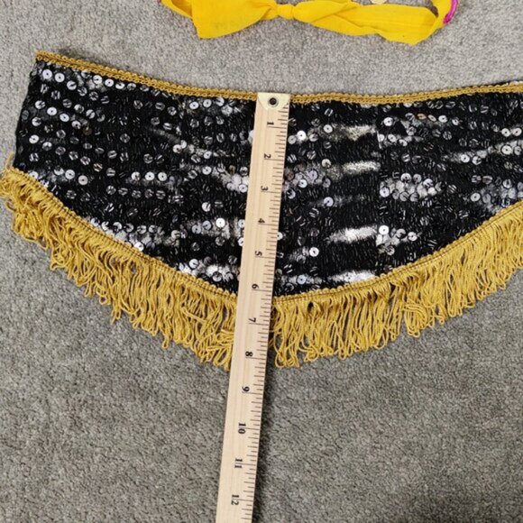 Women\'s Dance Belt Black Sequins Gold Fringes And Pink Gold Coin Sequins Arm Tie
